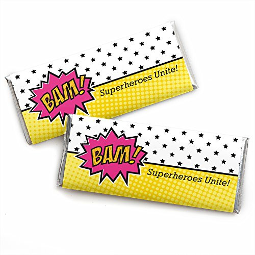 BAM! Girl Superhero - Candy Bar Wrappers Baby Shower or Birthday Party Favors - Set of 24 BAM! Girl Superhero - Candy Bar Wrappers Baby Shower or Birthday Party Favors - Set of 24