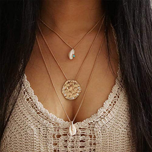 Taktik Boho Shell Pendant Layered Necklaces Gold Sequins Layering Necklace Turquoise Adjustable Chain Jewelry for Women and Girls