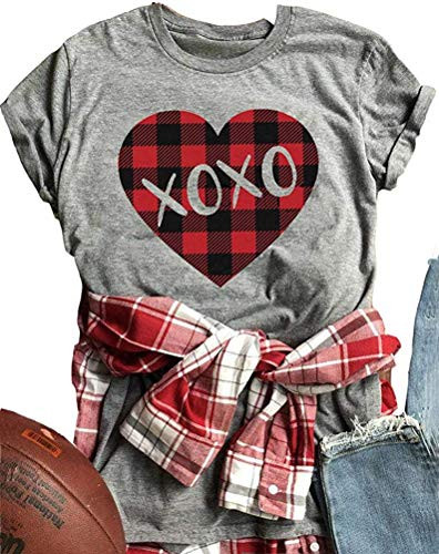 Womens Buffalo Plaid Love Heart Valentines Day T Shirts Cute Short Sleeve Graphic Tees Tops XOXO L