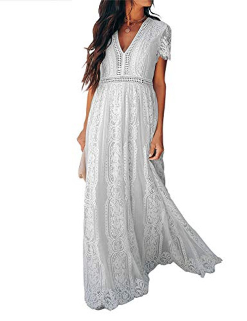 Ecosunny Womens Deep V Neck Short Sleeve Floral Lace Bridesmaid Maxi Dress Party Gown S V NeckWhite Ecosunny Womens Deep V Neck Short Sleeve Floral Lace Bridesmaid Maxi Dress Party Gown S V NeckWhite