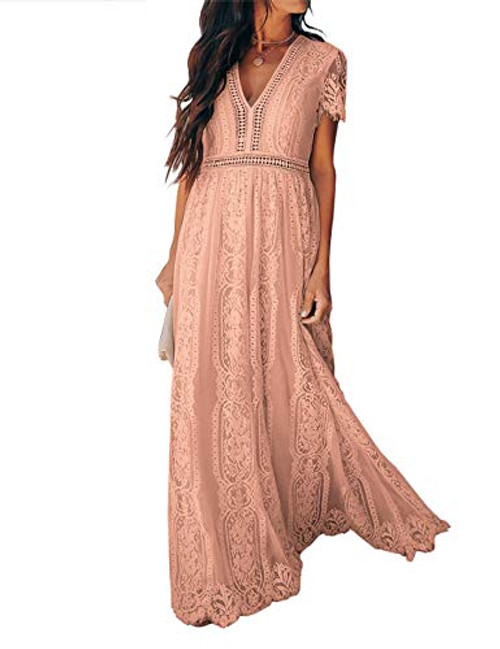 Ecosunny Womens Deep V Neck Short Sleeve Floral Lace Bridesmaid Maxi Dress Party Gown L V NeckPink Ecosunny Womens Deep V Neck Short Sleeve Floral Lace Bridesmaid Maxi Dress Party Gown L V NeckPink
