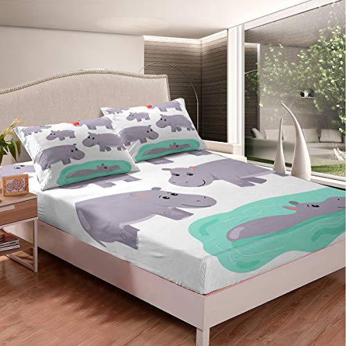 Bedding Fitted Sheet Set Cartoon Hippo Lovely Cartoon Children Kids Kids Adult Bedding Set Newest Bed Fitted Sheet Set Ultra Soft Deep Pocket Full 3pcs 1 Fitted Sheet  2 Pillow Case