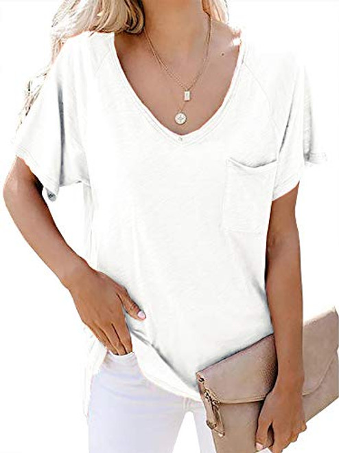 Womens Short Sleeve T Shirt Basic Tee Tops V Neck Loose Summer Shirts with Pocket Side Split White Medium Womens Short Sleeve T Shirt Basic Tee Tops V Neck Loose Summer Shirts with Pocket Side Split White Medium