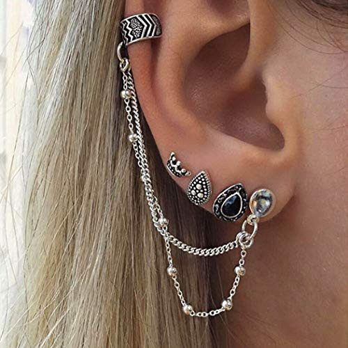 Crysly Boho Crystal Earring Chain Silver Hoop Stud Earing Sets Crown Assorted Earrings Jewelry for Women and Girls Pack of 4