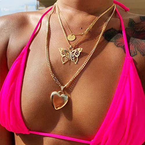 Gemily Boho Layered Butterfly Necklace Gold Love Pendant Necklaces Chain Sequin Jewelry for Women and Girls