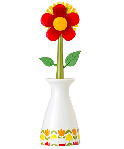 Vigar Flower Power Nylon Dish Brush with White Vase Holder 1112Inches Red Green Yellow
