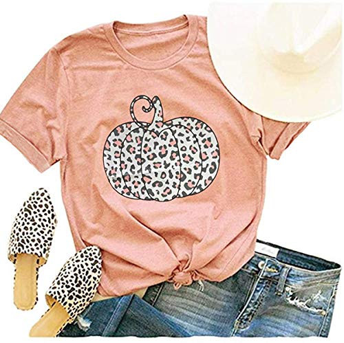 Woffccrd Womens Funny Leopard Pumpkin Printed Shirts Halloween Short Sleeve Graphic Tees Fall TShirts Tops XL Orange