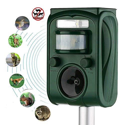 Ultrasonic Animal Repeller Solar Powered RepellerActivated with Motion Ultrasonic and Flashing LED Lights Outdoor Waterproof Repeller for DogsCatsRaccoonMiceBirdsSkunksEtc