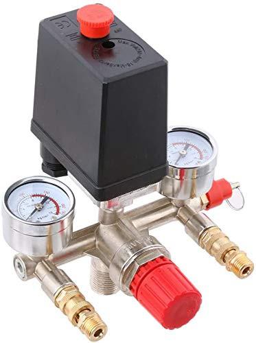 Jiayouy Air Compressor Pressure Switch Control Valve Manifold Regulator with Chrome Plated Gauges 90125PSI Horizontal Switch