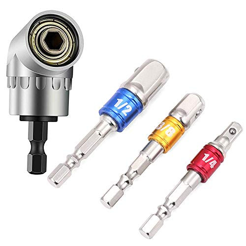 105 Degree Multifunction Right Angle DrillDriver Angle Extension Power Screwdriver 14inch Hex Bit Socket Set3Pcs Hex Shank Impact Grade Driver Socket Adapter Set Drill Bit