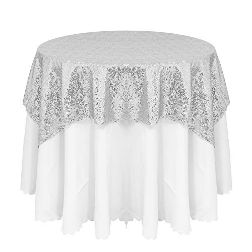 Peomeise Silver 50X50 Sequin Tablecloth Overlay for Wedding Party Decorations