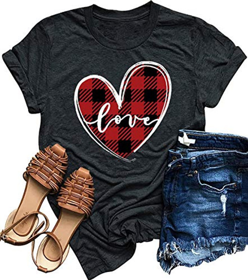 Valentines Day TShirt for Women Gifts for Couples Plaid Love Heart Graphic Tees Letter Print Short Sleeve Tops Shirts Tops Grey M
