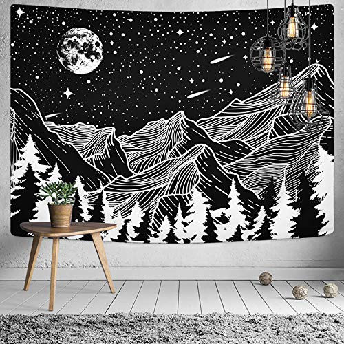 Lyacmy Moon and Star Tapestry Mountain Tapestry Forest Tree Tapestries Starry Night Sky Tapestry Black and White Tapestry for Room591 x 591 inches