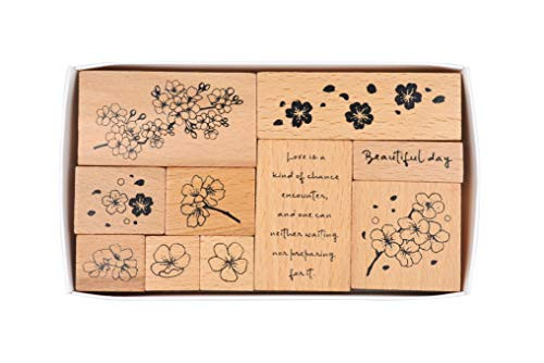 Cliocoo 10pcs Cherry Blossom Wood Rubber Stamp Set M70