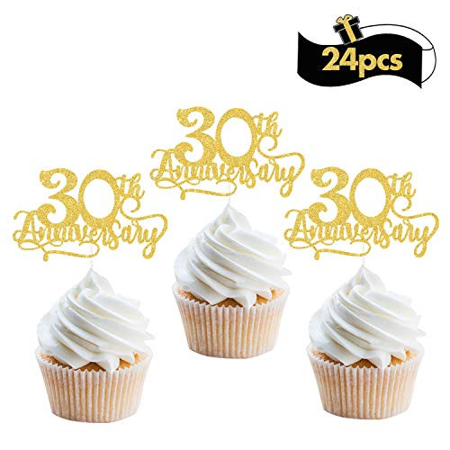 LILIPARTY 24Pcs Gold Glitter 30th Anniversary Cupcake Topper Happy 30th Cheers to 30 Years Cupcake Topper 30th Birthday Wedding Anniversary Party Decoration Suppliers