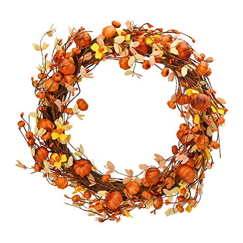 Shiny Flower Fall Wreath Autumn Wreath Harvest Wreath with Maple Leaves and Pumpkins Artificial Fall Wreath for Front Door Table Wall Halloween Thanksgiving Decorations 197 in