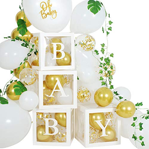 Baby Shower Balloon Boxes Party Decorations Oh Baby Party Balloon Boxes White and Gold Balloons Palm Leaves Ivy Garland for Oh Baby Shower Party Decorations Boy Girls