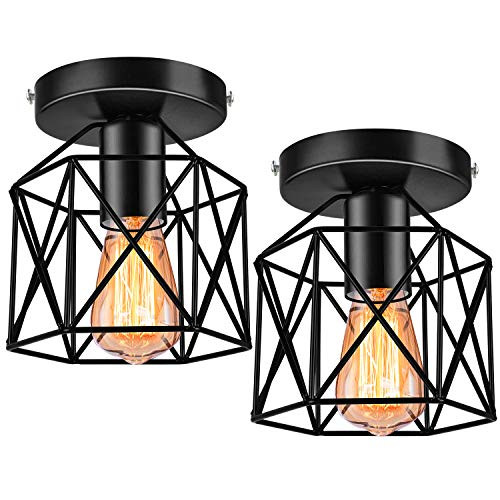 Industrial Vintage Ceiling Light Fixture 2 Pack Rustic Cage Light Fixtures E26 Black Metal Semi Flush Mount Ceiling Light Fixture for Hallway Farmhouse Stairway Porch Bedroom