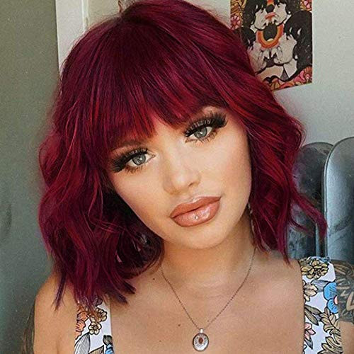 forfeels Hair Synthetic Curly Bob Wig with Bangs Short Bob Wavy Hair Wig Wine Red Color Bob Style Cosplay Wigs for Women Off black Wine Red