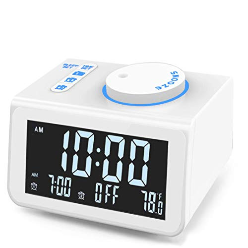 ?Upgraded? Digital Alarm Clock with FM Radio Dual USB Charging Ports Temperature Detect Dual Alarms Snooze 5Level Brightness Dimmer Batteries Operated for Bedroom Small Sleep Timer White