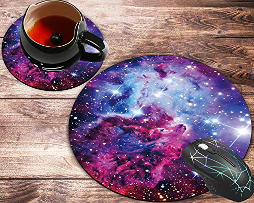 Round Mouse Pad and Coasters Set Galaxy Red Starry Sky Mousepad NonSlip Rubber Round Mouse Pad Customized Mouse Mat for Working and Gaming