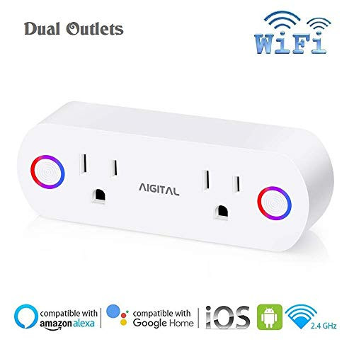 WiFi Smart Plug Wireless Socket Work with Alexa Google Assistant IFTTT, Aigital Wi-Fi Dual Smart Outlets No Hub Required, Remote Control Timing Switch and Energy Monitor (Max 16A Supported) New Coming