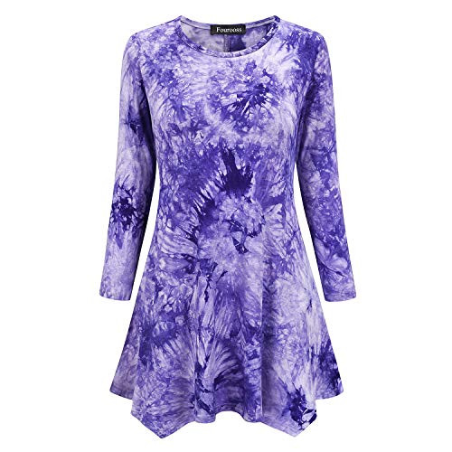 Womens Tie Dye Print 34 Sleeve Tunic Loose Fit Swing Flare TShirt Tops Purple3XL