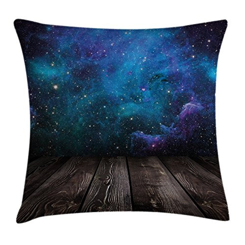 Ambesonne Galaxy Throw Pillow Cushion Cover Outer Space View from Rustic Wooden Deck Blue Nebula Star Night Decorative Square Accent Pillow Case 24 X 24 Black Blue