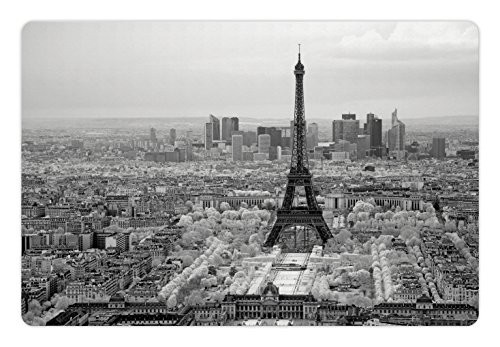 Lunarable Eiffel Tower Pet Mat for Food and Water Eiffel Tower Paris City Structure Morning Scenic Monochrome Urban View NonSlip Rubber Mat for Dogs and Cats 18 X 12 Monochrome