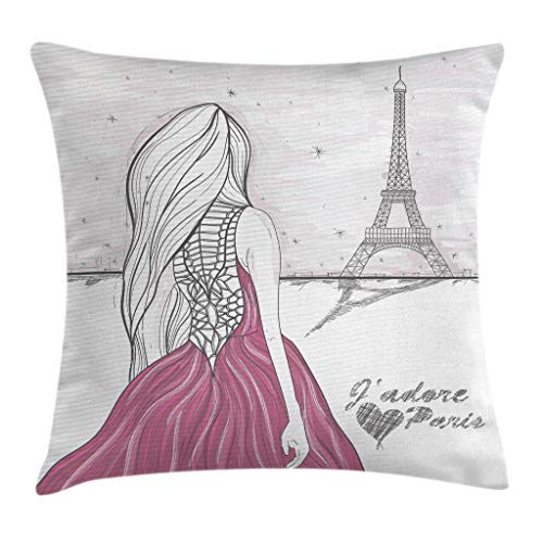 Ambesonne Paris Throw Pillow Cushion Cover Romantic Dramatical Woman Looks at Eiffel Tower Love Theme Sketch Style Illustration Decorative Square Accent Pillow Case 16 X 16 White Pink
