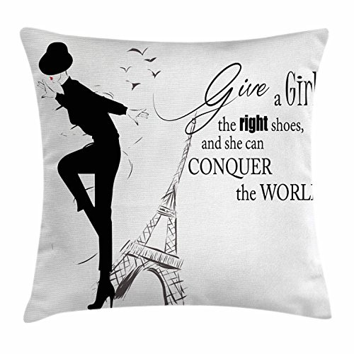 Ambesonne Teen Room Throw Pillow Cushion Cover Dancing Masculine Fashion Woman by Eiffel Tower and Motivational Words Print Decorative Square Accent Pillow Case 16 X 16 White Black
