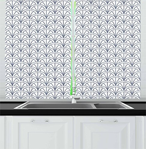 Ambesonne Geometric Kitchen Curtains Seigaiha Pattern Overlapping Half Circles Wave Pattern Traditional Japanese Window Drapes 2 Panel Set for Kitchen Cafe Decor 55 X 39 Blue White