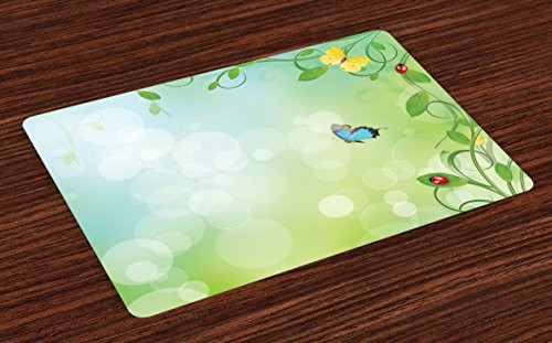 Ambesonne Ladybugs Place Mats Set of 4 Spring Theme with Flowers Ladybugs and Butterflies Transformation Morph Print Washable Fabric Placemats for Dining Table Standard Size Light Green Ambesonne Ladybugs Place Mats Set of 4 Spring Theme with Flowers Ladybugs and Butterflies Transformation Morph Print Washable Fabric Placemats for Dining Table Standard Size Light Green
