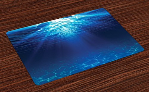 Ambesonne Ocean Place Mats Set of 4 Underwater View with Sandy Seabed Aquatic Scenes Sunbeams Nature Picture Print Washable Fabric Placemats for Dining Room Kitchen Table Decor Navy Aqua