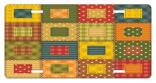 Lunarable Cabin License Plate Geometrical Traditional Quilting Checkered Plaid Polka Dots Stripes Squares Print High Gloss Aluminum Novelty Plate 588 X 1188 Multicolor