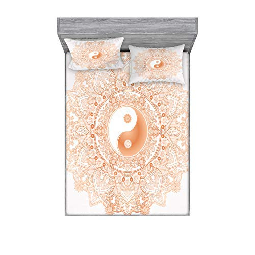 Lunarable Ying Yang Fitted Sheet  Pillow Sham Set Circle Yin Yang Mandala Unity and Peace in Opposites Retro Boho Decorative Printed 3 Piece Bedding Decor Set Full Orange White