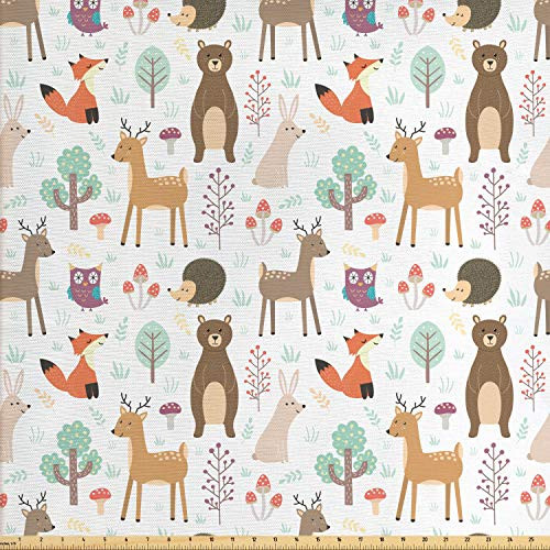 Lunarable Forest Fabric by The Yard Childish Hand Drawn Bear Owl Hedgehog Mushroom Moose Rabbits Baby Friends Pattern Decorative Fabric for Upholstery and Home Accents 2 Yards Brown Camel