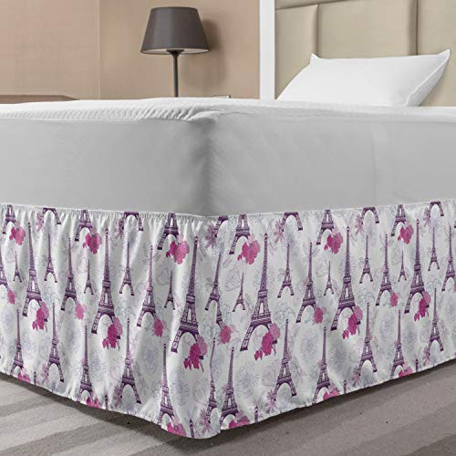 Lunarable Paris Bedskirt Composition of Flowers and Eiffel Tower Silhouettes Bedroom Decor Wrap Around Elastic Bed Skirt Gathered Design TwinTwin XL Eggplant Pink