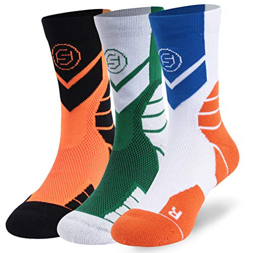 Basketball Socks for Boys Girls Forcool Arch Support Athletic Back to School Running Walking Cycling Casual Dress Crew Socks 3 Pairs XS GreenNeon OrangeWhite