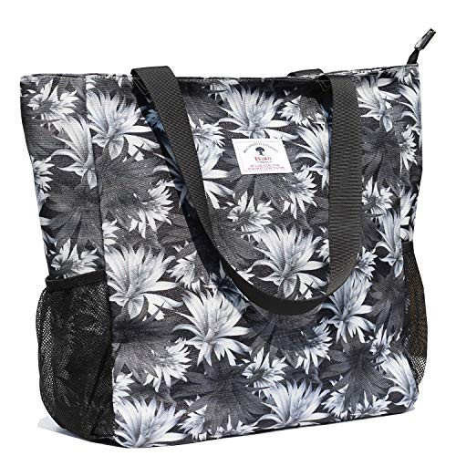 Original Floral Water Resistant Large Tote Bag Shoulder Bag for Gym Beach Travel Daily Bags Upgraded Z Black Leaf