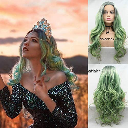 Mermaid Synthetic Lace Front Wig Grey Roots to Pastel Green Lace Wig Long Body Wave Synthetic Wigs for Drag Queen 26inches RainaHair Mermaid Synthetic Lace Front Wig Grey Roots to Pastel Green Lace Wig Long Body Wave Synthetic Wigs for Drag Queen 26inches RainaHair