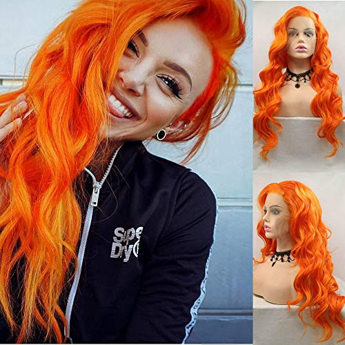 RainaHair 26inches Bright Orange Cosplay Wig Side Part Bouncy Curly Lace Front Wig Natural Hairline Half Hand Tied Heat Resistant Synthetic Wigs for Women Makeup Party
