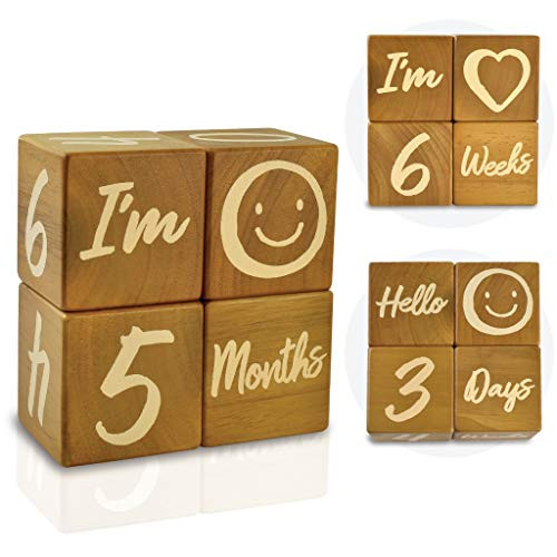 Im Solid Wood Weekly Monthly Yearly Baby Milestone Age Blocks Gender Neutral Newborn Gifts  Keepsakes for Picture Props 4 Pcs  Brown