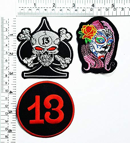 Red 13 Lucky Number Patch Biker Skull Bone Black Spade Ghost Woman Patches Embroidered Iron on Patch Patch SewIron on Embroidered Sign Badge Costume Applique for Clothes Jeans Accessories