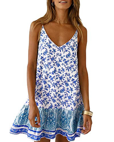 Valphsio Womens Floral Spaghetti Strap Short Dress Boho V Neck Mini Beachwear Dress Sundress Small Light Blue