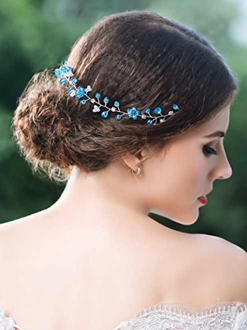 Yean Wedding Headband Blue Rhinestones Crystal Flower Silver Hair Vine wth Ribbon for Bride Bridesmaid Yean Wedding Headband Blue Rhinestones Crystal Flower Silver Hair Vine wth Ribbon for Bride Bridesmaid