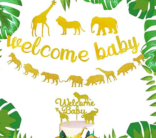 Set of 3 Glitter Welcome Baby Jungle Safari Banner Safari Baby Shower Decoration Jungle Baby Shower Cake Topper Jungle Safari Baby Shower Backdrop