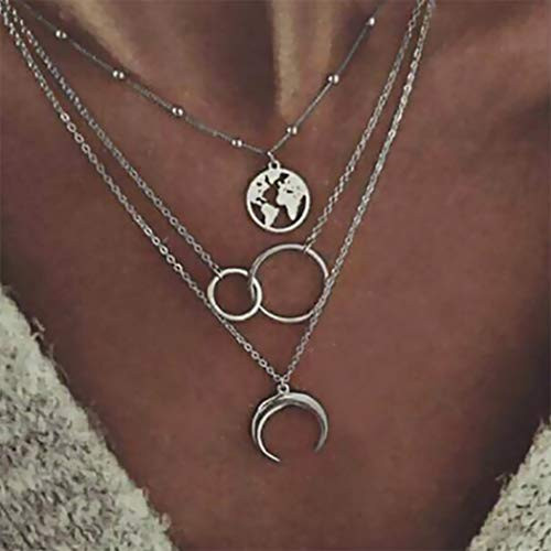 Sakytal Boho Layered Map Necklace Silver Circle and Moon Pendant Necklaces Jewelry Adjustable for Women and Girls