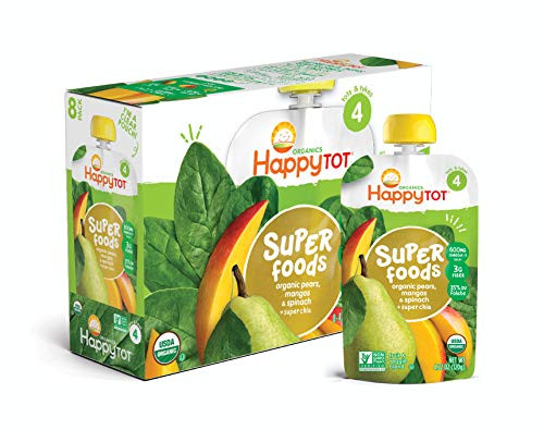 Happy Tot Organic Stage 4 Super Foods Pears Mangos and Spinach  Super Chia 422 Ounce Pouch Pack of 16 Packaging May Vary NonGMO Gluten Free3g of Fiber Excellent source of vitamins A  C