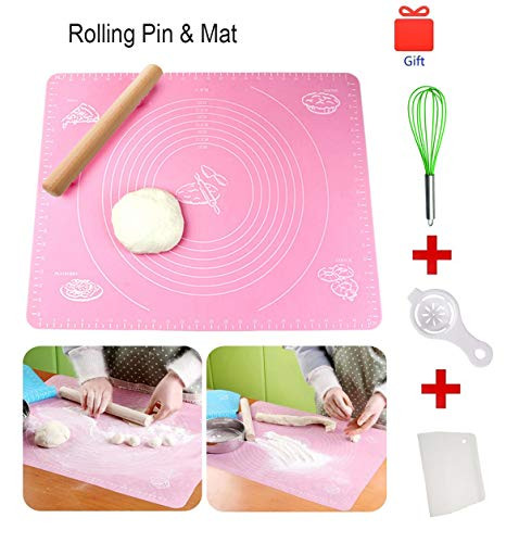 Non-Stick Rolling Pin &Large Silicone Pastry Mat Silicone Baking Mat for Pastry Rolling with Measurements Pastry Rolling Mat, Reusable (One set)
